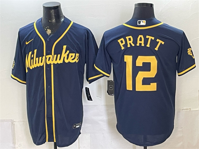 Men's Milwaukee Brewers #12 Cooper Pratt Navy Stitched Baseball Jersey Men's Milwaukee Brewers #12 Cooper Pratt Navy Stitched Baseball Jersey